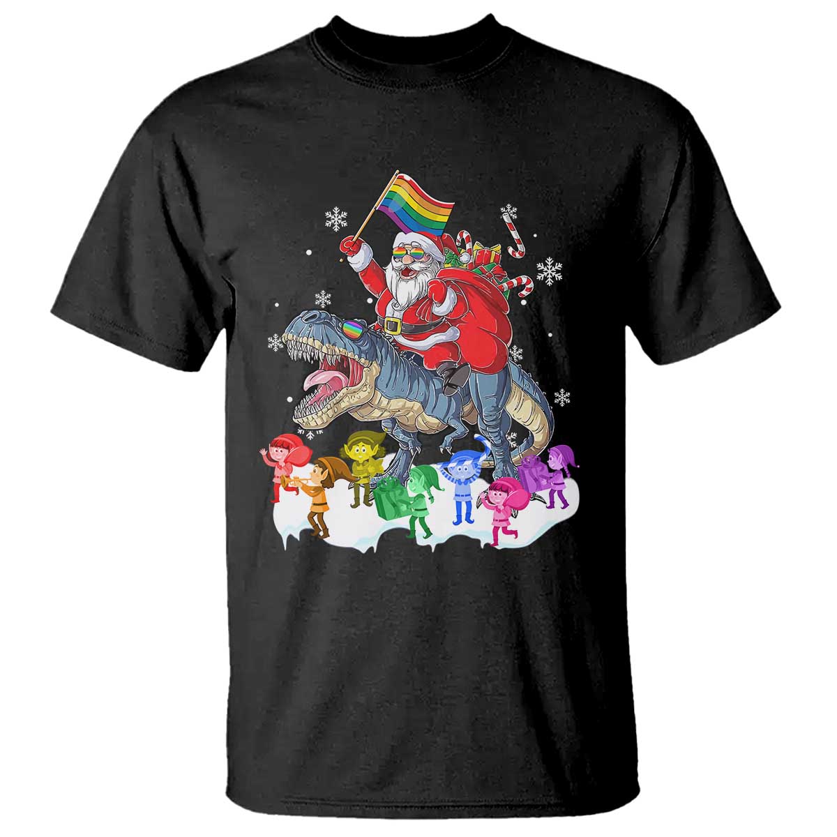 Funny Christmas LGBT T Shirt Rainbow Flag Santa Riding Dinosaur TS09 Black Print Your Wear