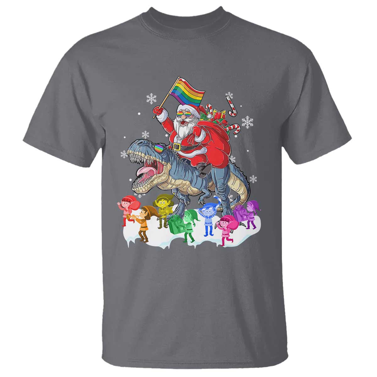 Funny Christmas LGBT T Shirt Rainbow Flag Santa Riding Dinosaur TS09 Charcoal Print Your Wear