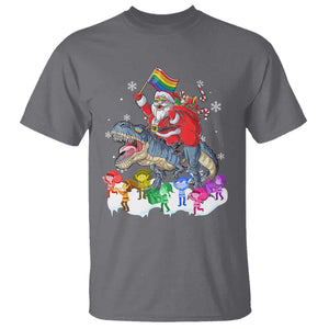 Funny Christmas LGBT T Shirt Rainbow Flag Santa Riding Dinosaur TS09 Charcoal Print Your Wear