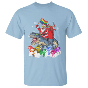 Funny Christmas LGBT T Shirt Rainbow Flag Santa Riding Dinosaur TS09 Light Blue Print Your Wear