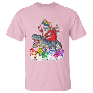 Funny Christmas LGBT T Shirt Rainbow Flag Santa Riding Dinosaur TS09 Light Pink Print Your Wear