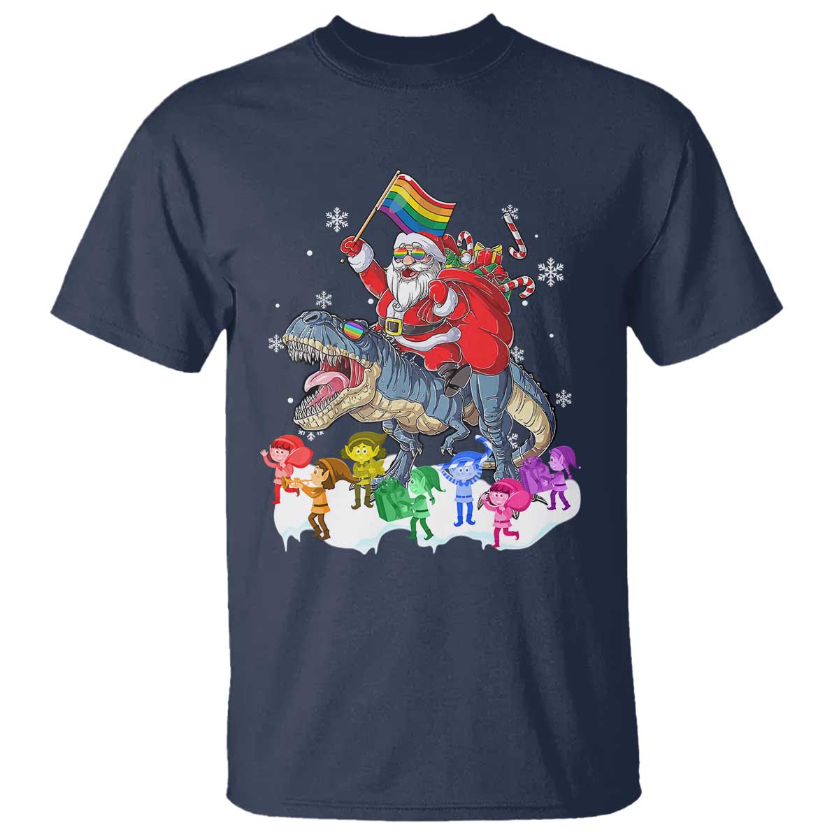 Funny Christmas LGBT T Shirt Rainbow Flag Santa Riding Dinosaur TS09 Navy Print Your Wear