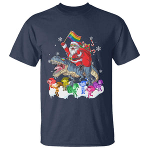 Funny Christmas LGBT T Shirt Rainbow Flag Santa Riding Dinosaur TS09 Navy Print Your Wear