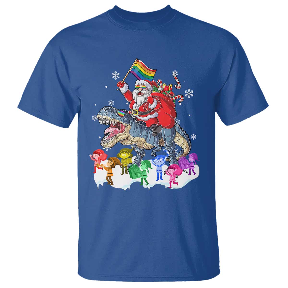Funny Christmas LGBT T Shirt Rainbow Flag Santa Riding Dinosaur TS09 Royal Blue Print Your Wear