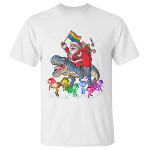 Funny Christmas LGBT T Shirt Rainbow Flag Santa Riding Dinosaur TS09 White Print Your Wear