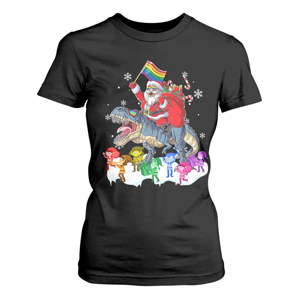 Funny Christmas LGBT T Shirt For Women Rainbow Flag Santa Riding Dinosaur TS09 Black Print Your Wear