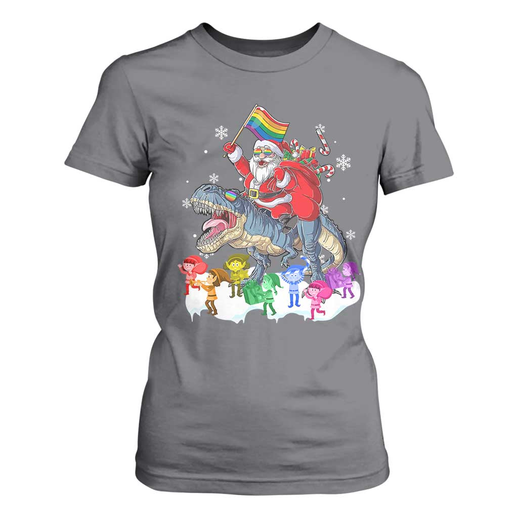 Funny Christmas LGBT T Shirt For Women Rainbow Flag Santa Riding Dinosaur TS09 Charcoal Print Your Wear