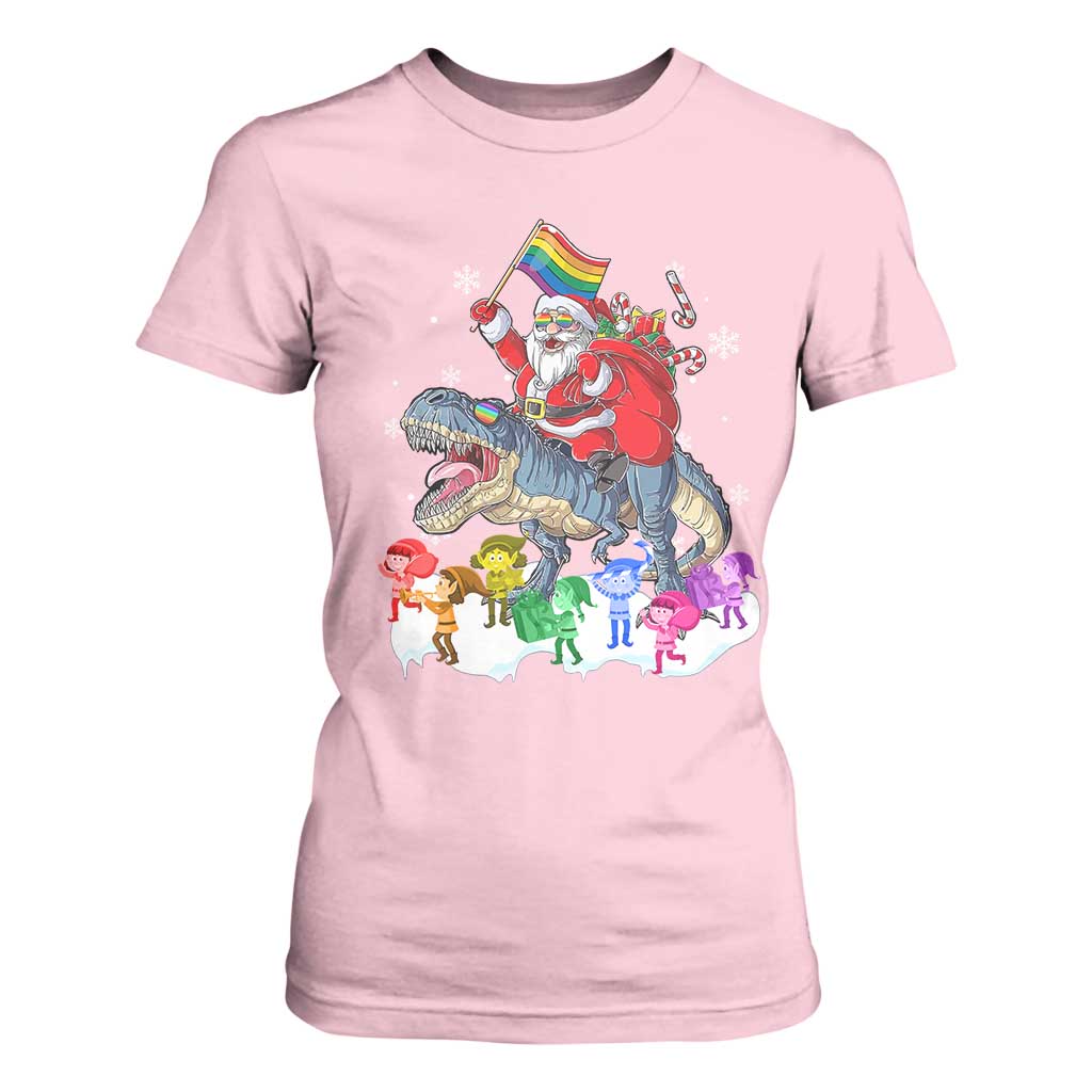 Funny Christmas LGBT T Shirt For Women Rainbow Flag Santa Riding Dinosaur TS09 Light Pink Print Your Wear