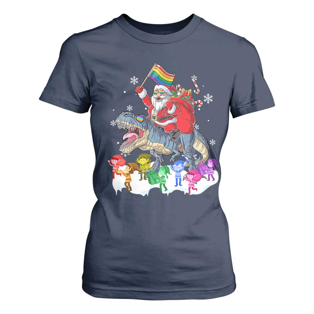 Funny Christmas LGBT T Shirt For Women Rainbow Flag Santa Riding Dinosaur TS09 Navy Print Your Wear