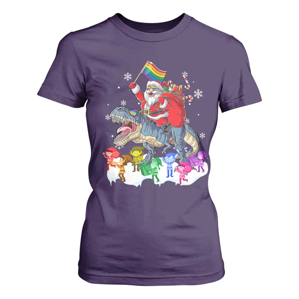 Funny Christmas LGBT T Shirt For Women Rainbow Flag Santa Riding Dinosaur TS09 Purple Print Your Wear
