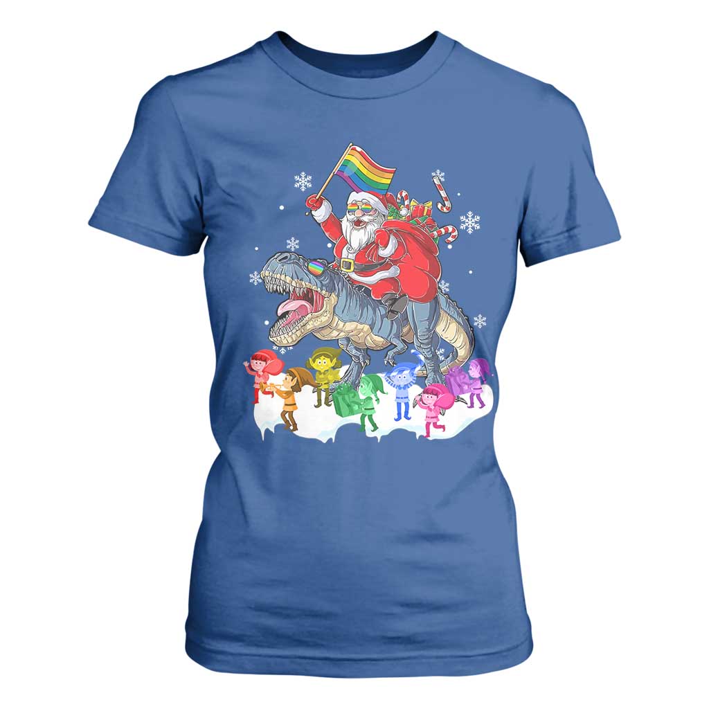 Funny Christmas LGBT T Shirt For Women Rainbow Flag Santa Riding Dinosaur TS09 Royal Blue Print Your Wear