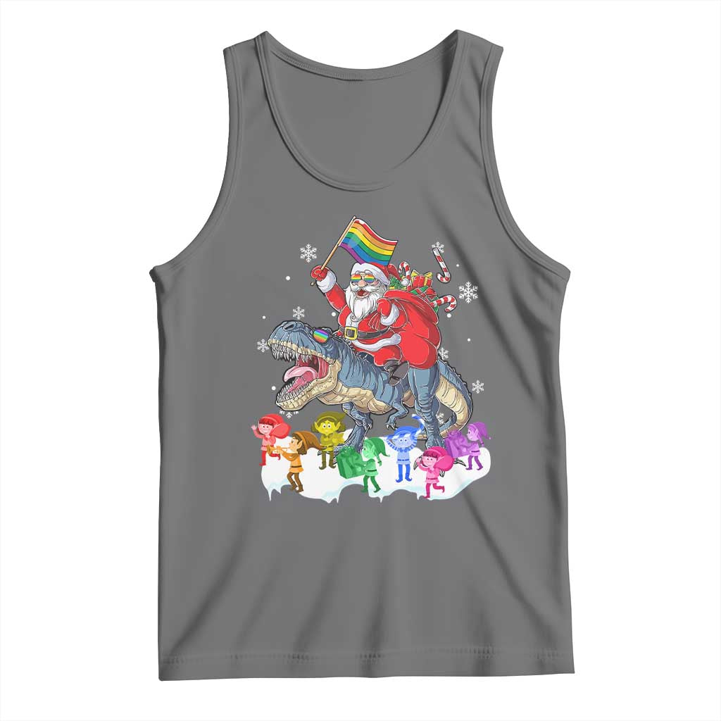 Funny Christmas LGBT Tank Top Rainbow Flag Santa Riding Dinosaur TS09 Black Heather Print Your Wear
