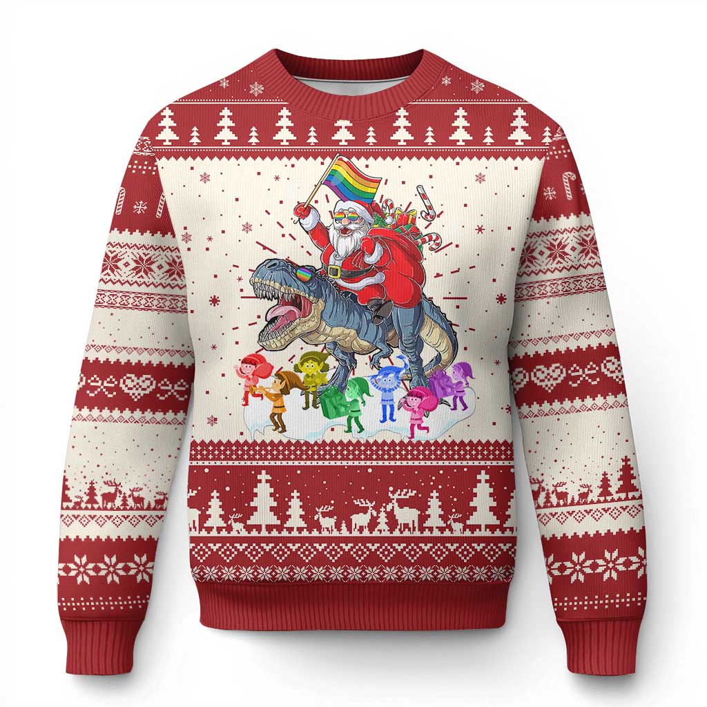 Funny Xmas LGBT Ugly Christmas Sweater Rainbow Flag Santa Riding Dinosaur TS09 Red Print Your Wear