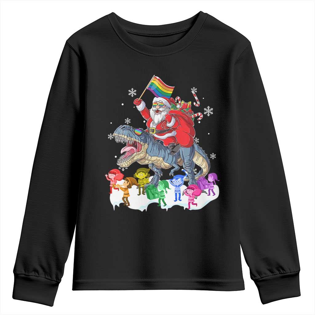 Funny Christmas LGBT Youth Sweatshirt Rainbow Flag Santa Riding Dinosaur TS09 Black Print Your Wear