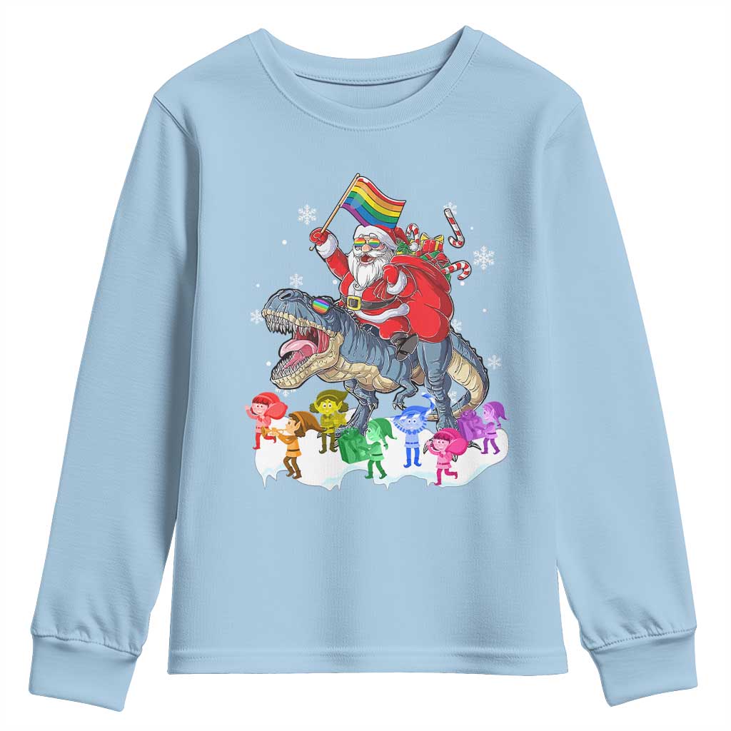 Funny Christmas LGBT Youth Sweatshirt Rainbow Flag Santa Riding Dinosaur TS09 Light Blue Print Your Wear