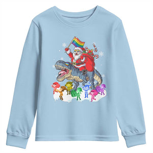 Funny Christmas LGBT Youth Sweatshirt Rainbow Flag Santa Riding Dinosaur TS09 Light Blue Print Your Wear