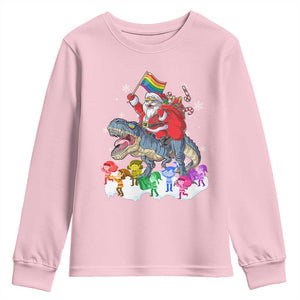 Funny Christmas LGBT Youth Sweatshirt Rainbow Flag Santa Riding Dinosaur TS09 Light Pink Print Your Wear