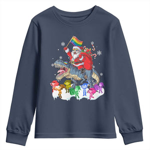 Funny Christmas LGBT Youth Sweatshirt Rainbow Flag Santa Riding Dinosaur TS09 Navy Print Your Wear