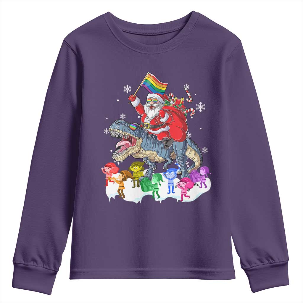Funny Christmas LGBT Youth Sweatshirt Rainbow Flag Santa Riding Dinosaur TS09 Purple Print Your Wear