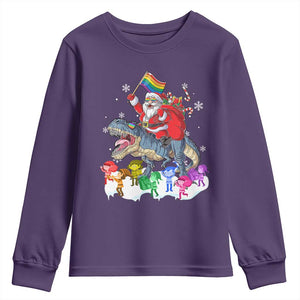 Funny Christmas LGBT Youth Sweatshirt Rainbow Flag Santa Riding Dinosaur TS09 Purple Print Your Wear