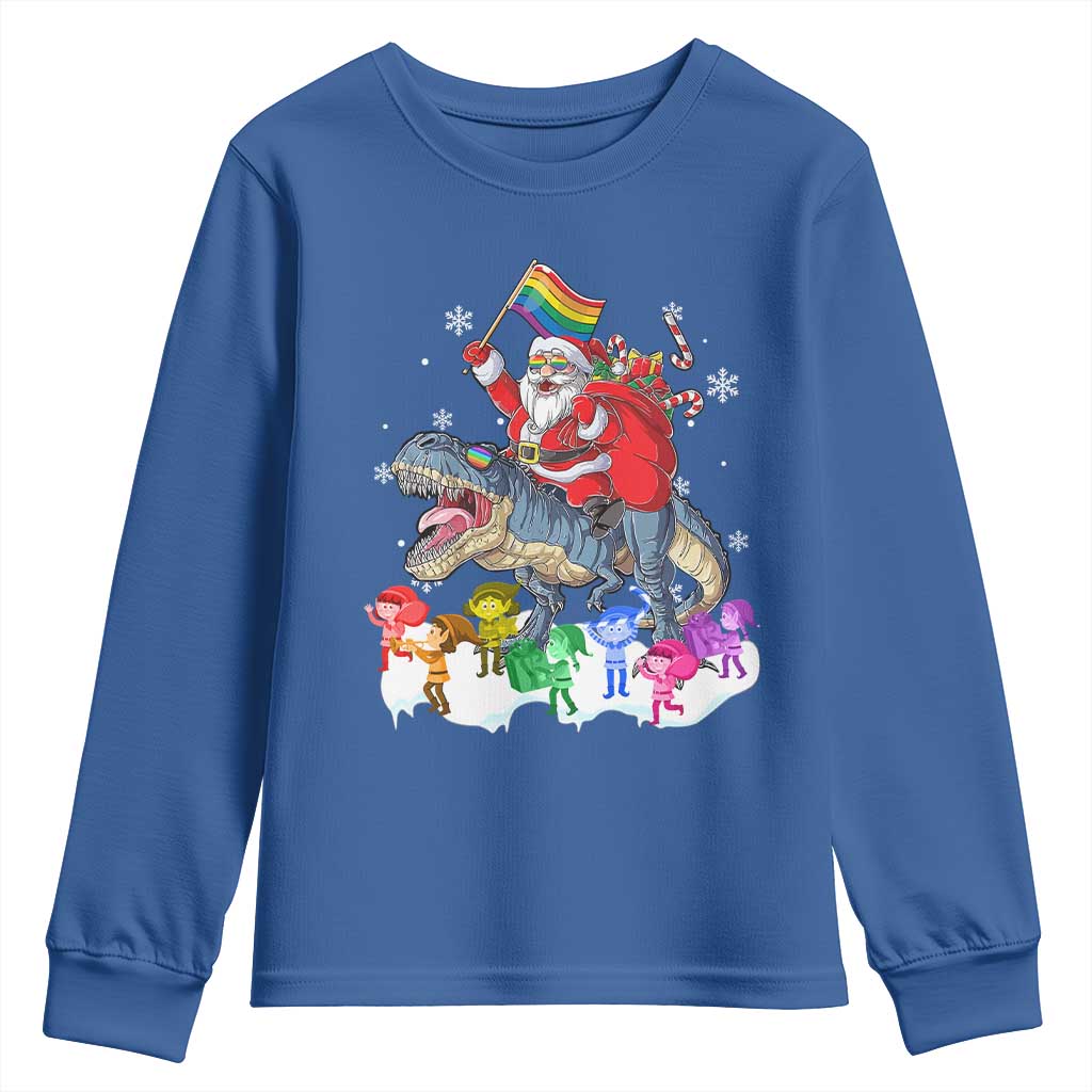 Funny Christmas LGBT Youth Sweatshirt Rainbow Flag Santa Riding Dinosaur TS09 Royal Blue Print Your Wear