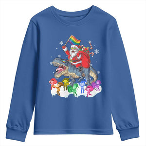 Funny Christmas LGBT Youth Sweatshirt Rainbow Flag Santa Riding Dinosaur TS09 Royal Blue Print Your Wear