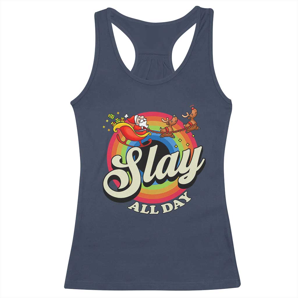 Funny Christmas LGBT Racerback Tank Top Slay All Day Sleigh Rainbow TS09 Navy Print Your Wear