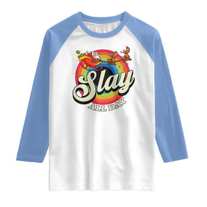 Funny Christmas LGBT Raglan Shirt Slay All Day Sleigh Rainbow TS09 White Carolina Blue Print Your Wear
