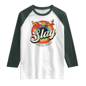 Funny Christmas LGBT Raglan Shirt Slay All Day Sleigh Rainbow TS09 White Dark Forest Green Print Your Wear