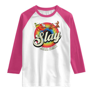 Funny Christmas LGBT Raglan Shirt Slay All Day Sleigh Rainbow TS09 White Heliconia Print Your Wear