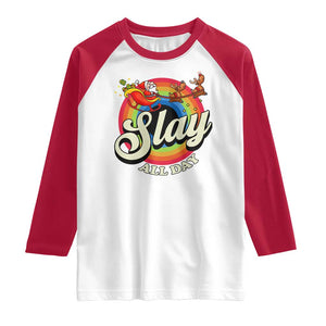 Funny Christmas LGBT Raglan Shirt Slay All Day Sleigh Rainbow TS09 White Red Print Your Wear