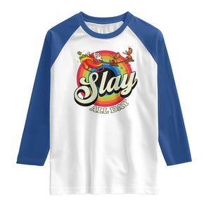 Funny Christmas LGBT Raglan Shirt Slay All Day Sleigh Rainbow TS09 White Royal Print Your Wear