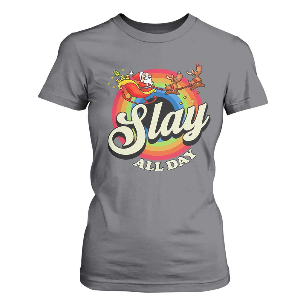 Funny Christmas LGBT T Shirt For Women Slay All Day Sleigh Rainbow TS09 Charcoal Print Your Wear