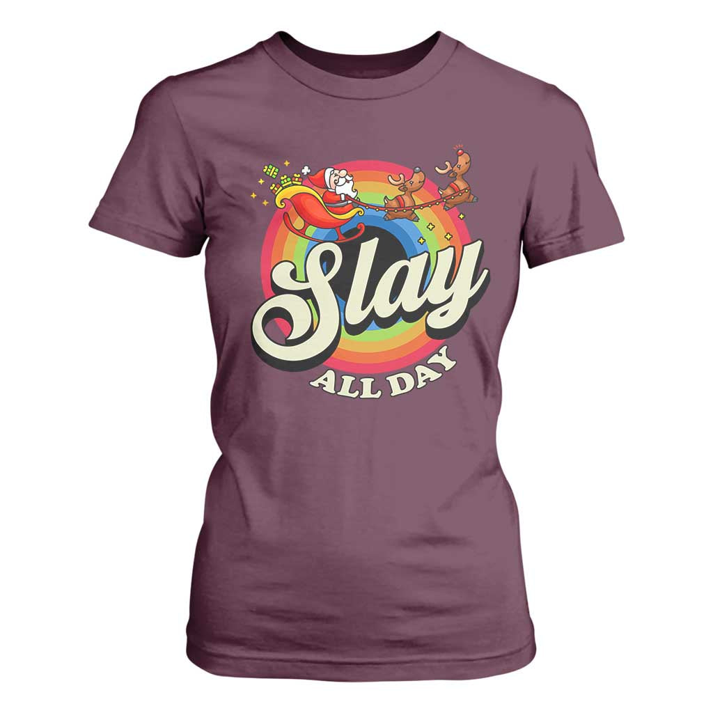 Funny Christmas LGBT T Shirt For Women Slay All Day Sleigh Rainbow TS09 Maroon Print Your Wear