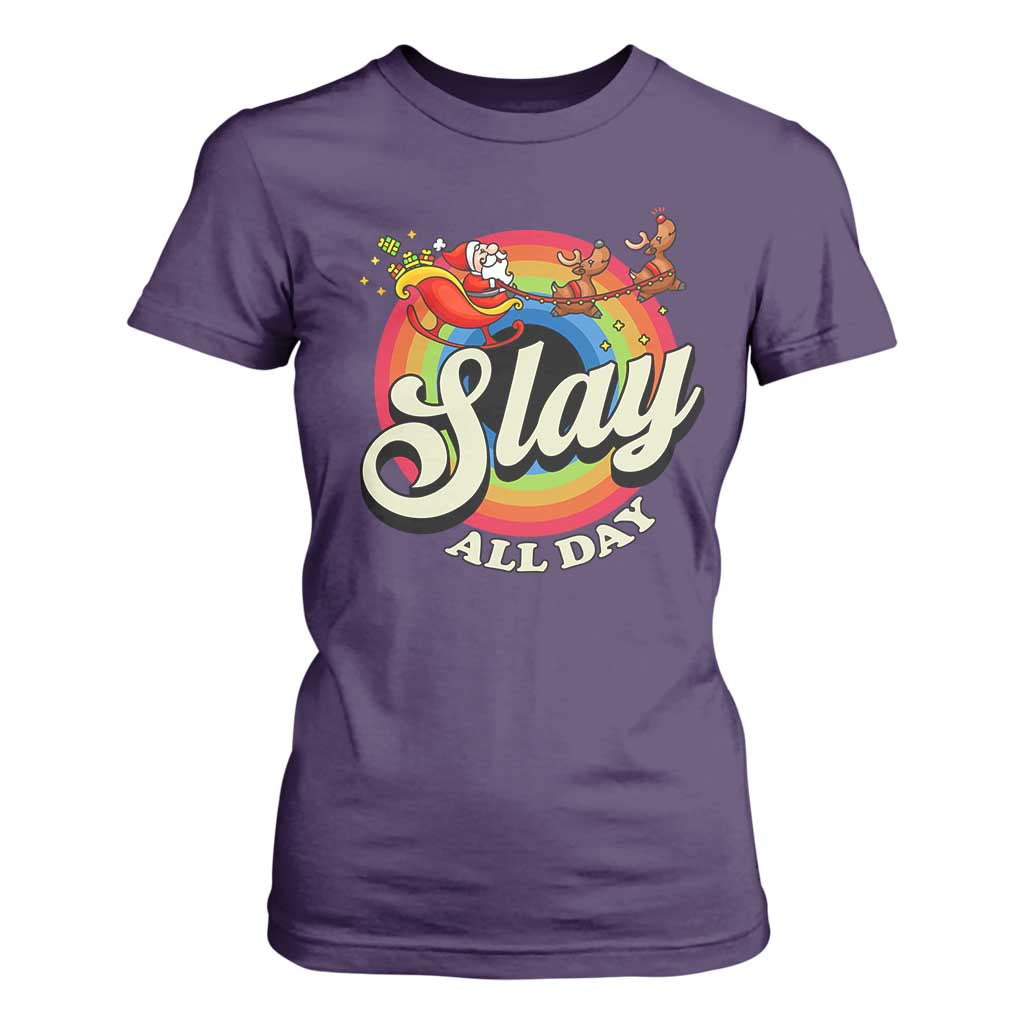 Funny Christmas LGBT T Shirt For Women Slay All Day Sleigh Rainbow TS09 Purple Print Your Wear