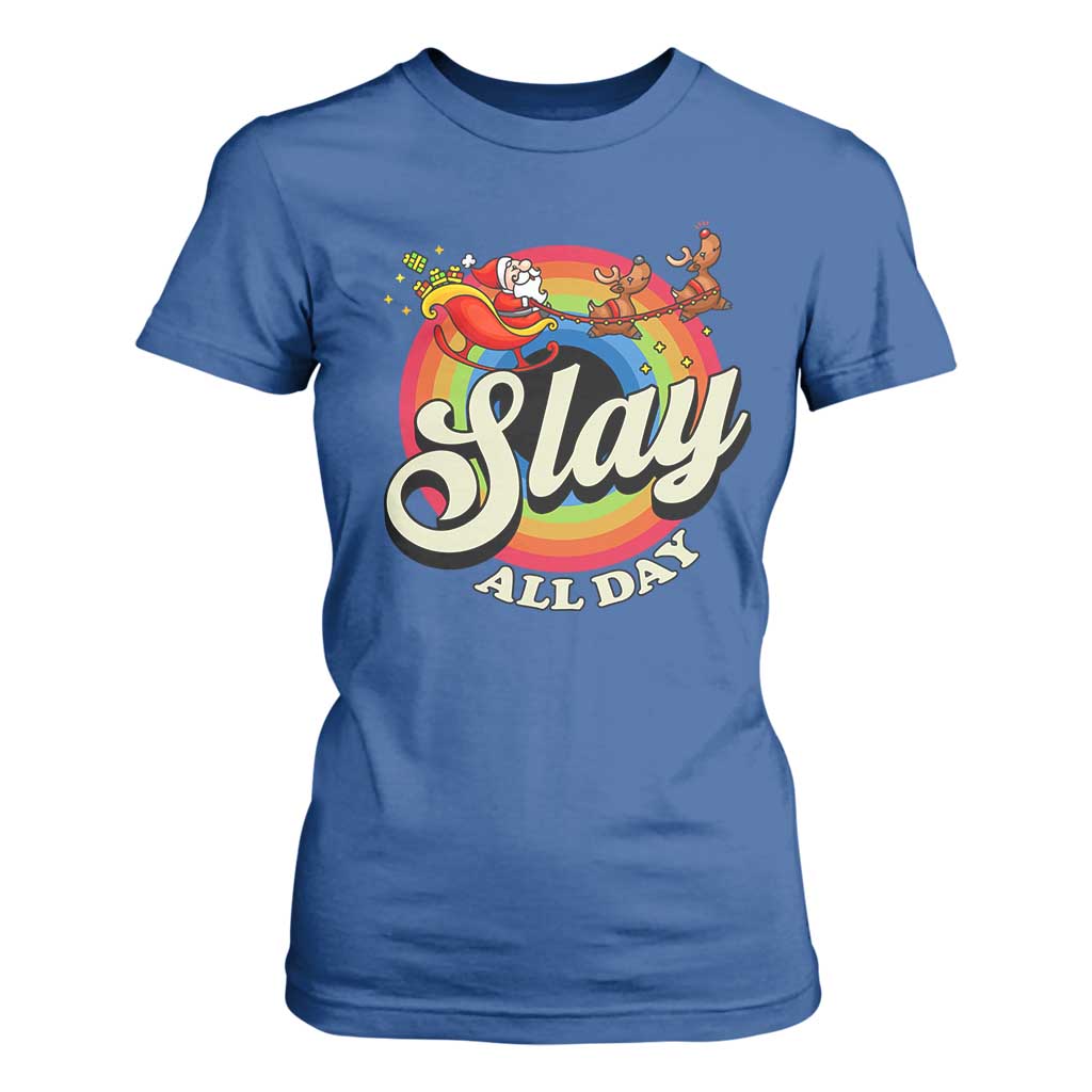 Funny Christmas LGBT T Shirt For Women Slay All Day Sleigh Rainbow TS09 Royal Blue Print Your Wear