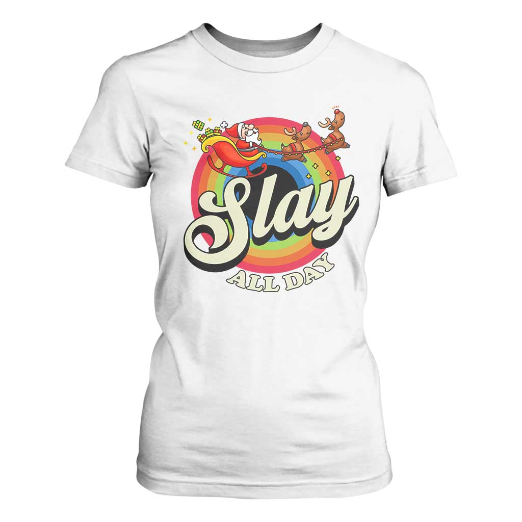 Funny Christmas LGBT T Shirt For Women Slay All Day Sleigh Rainbow TS09 White Print Your Wear