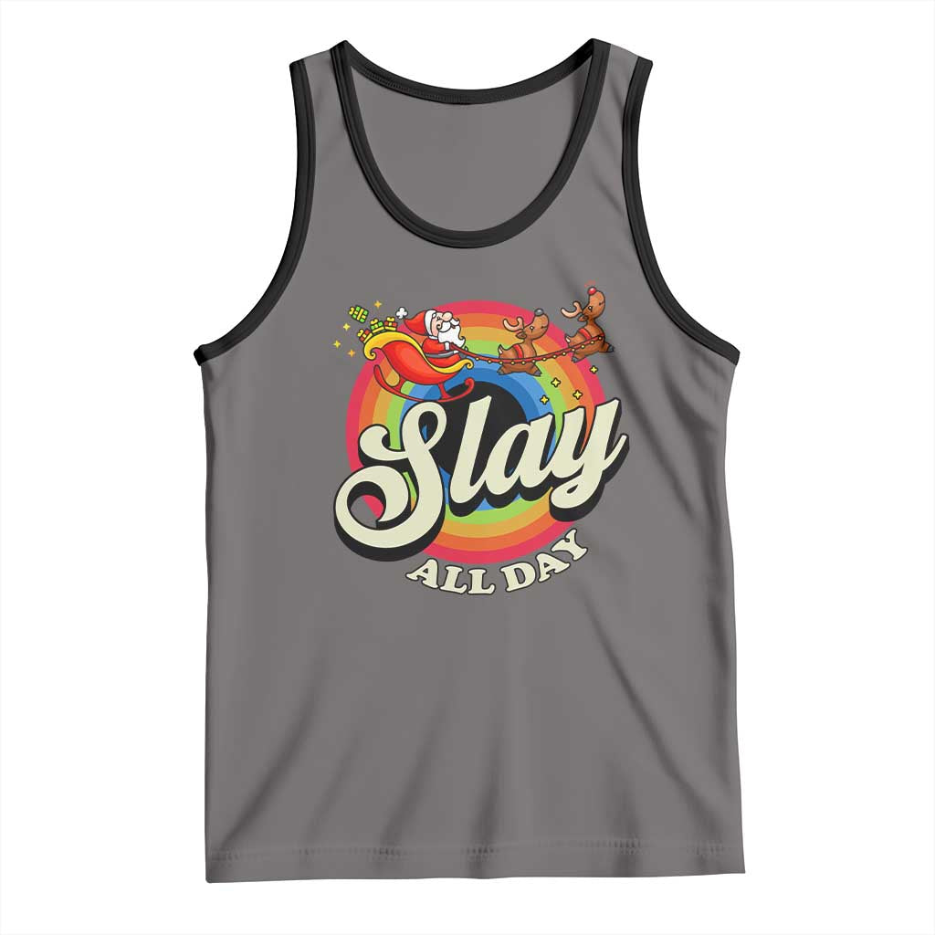 Funny Christmas LGBT Tank Top Slay All Day Sleigh Rainbow TS09 Deep Heather Black Print Your Wear