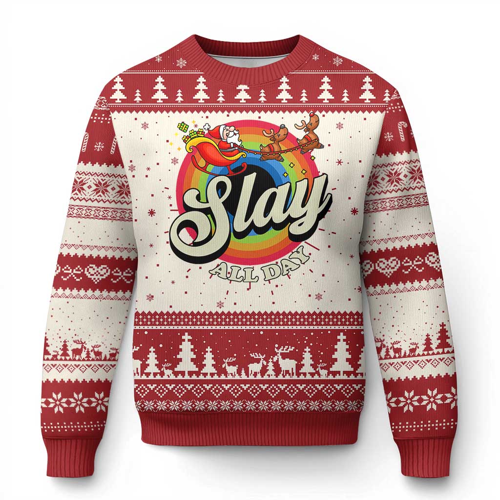 Funny Xmas LGBT Ugly Christmas Sweater Slay All Day Sleigh Rainbow TS09 Red Print Your Wear