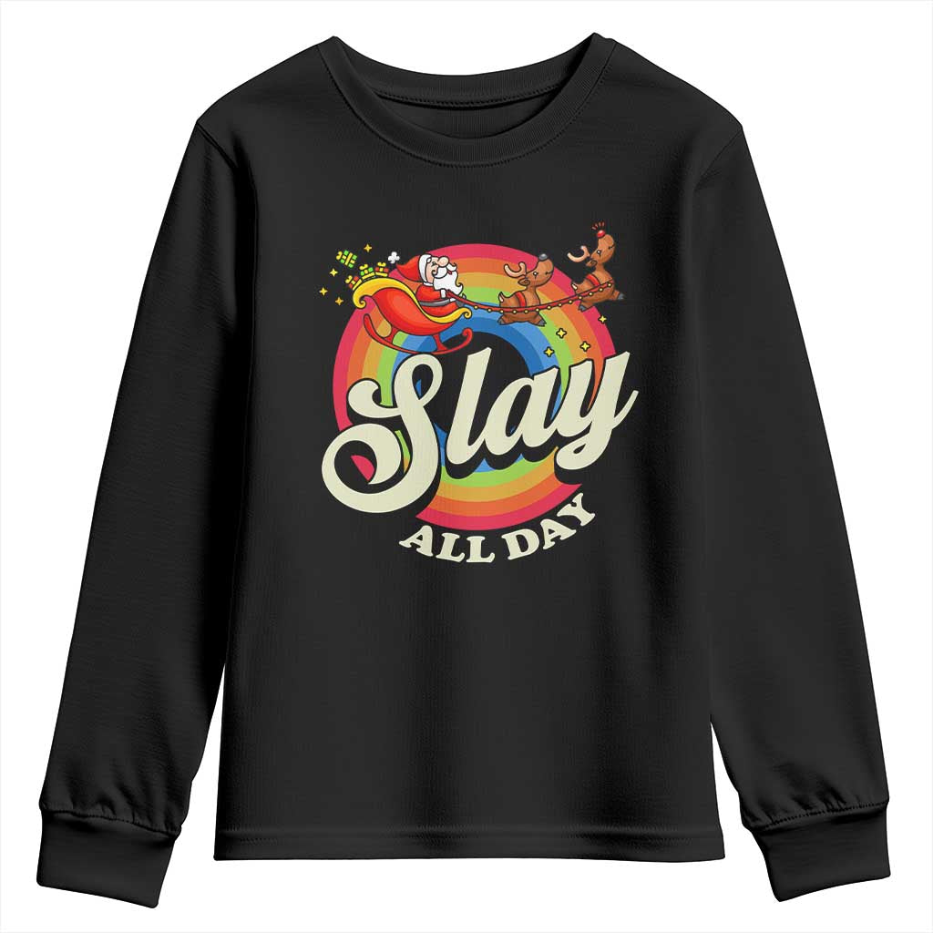 Funny Christmas LGBT Youth Sweatshirt Slay All Day Sleigh Rainbow TS09 Black Print Your Wear