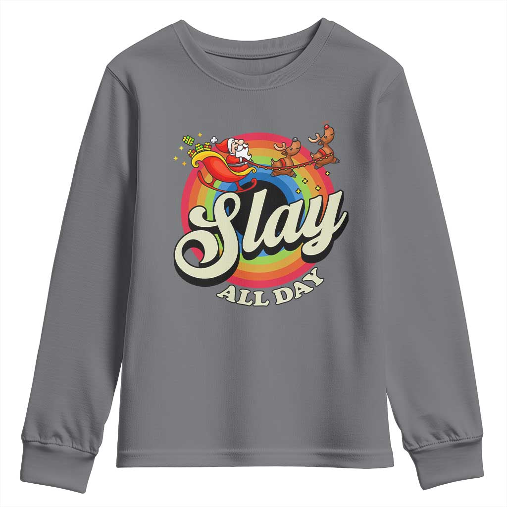 Funny Christmas LGBT Youth Sweatshirt Slay All Day Sleigh Rainbow TS09 Charcoal Print Your Wear