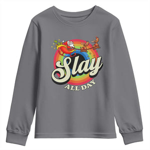 Funny Christmas LGBT Youth Sweatshirt Slay All Day Sleigh Rainbow TS09 Charcoal Print Your Wear