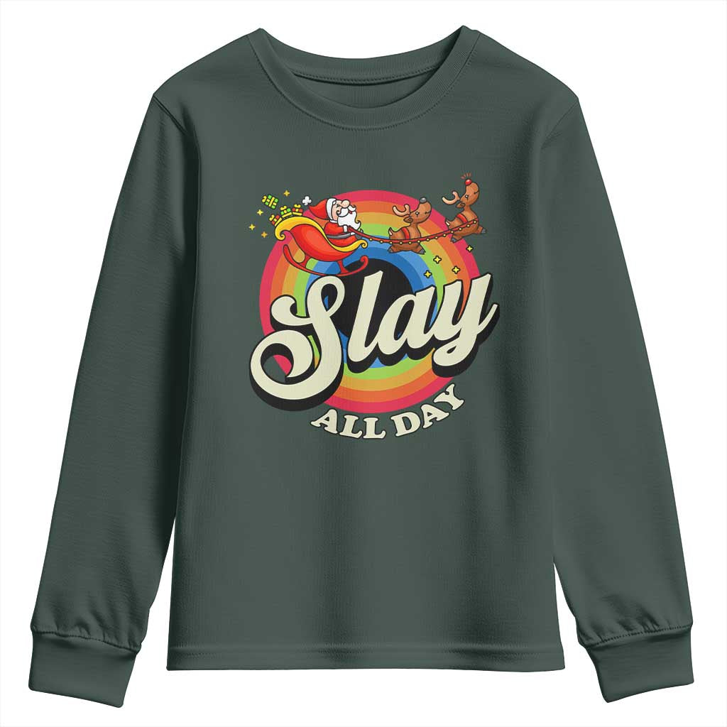 Funny Christmas LGBT Youth Sweatshirt Slay All Day Sleigh Rainbow TS09 Dark Forest Green Print Your Wear