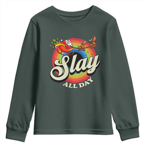 Funny Christmas LGBT Youth Sweatshirt Slay All Day Sleigh Rainbow TS09 Dark Forest Green Print Your Wear