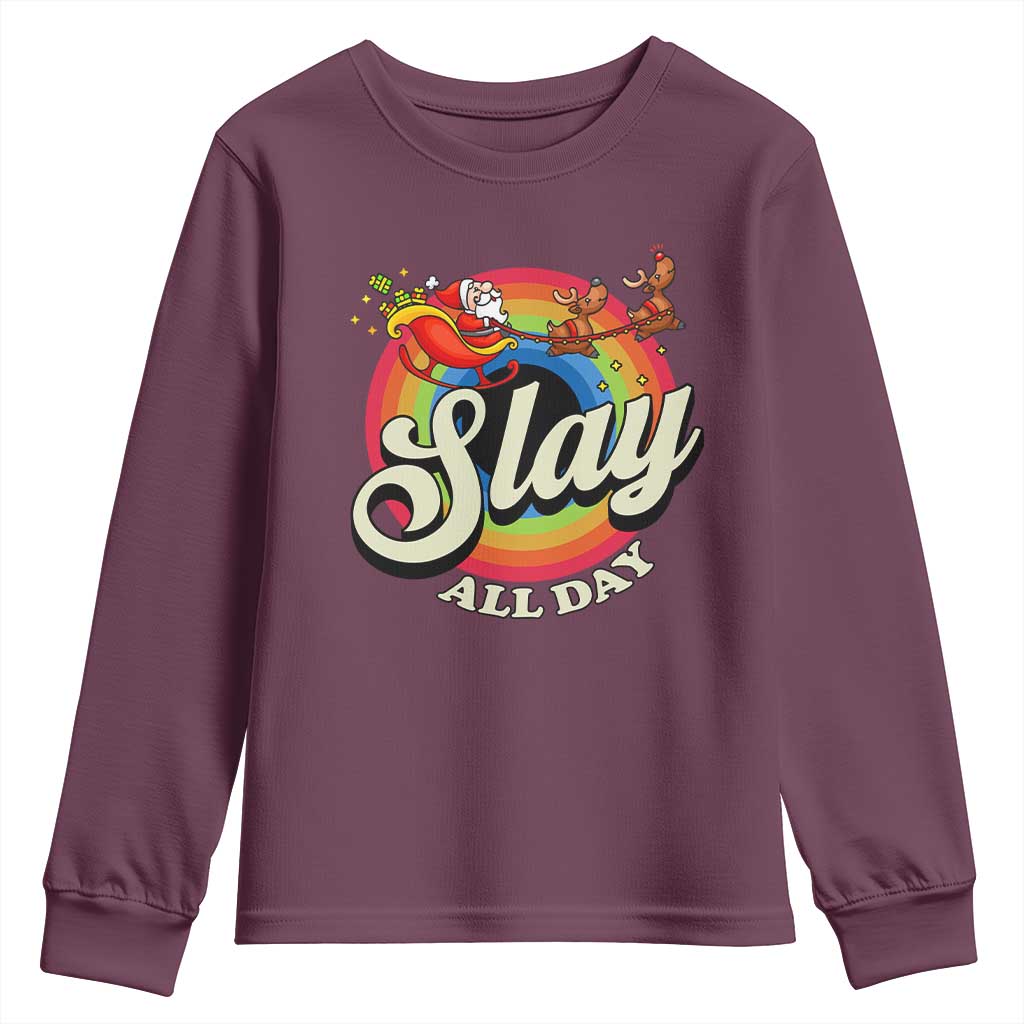 Funny Christmas LGBT Youth Sweatshirt Slay All Day Sleigh Rainbow TS09 Maroon Print Your Wear