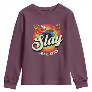 Funny Christmas LGBT Youth Sweatshirt Slay All Day Sleigh Rainbow TS09 Maroon Print Your Wear