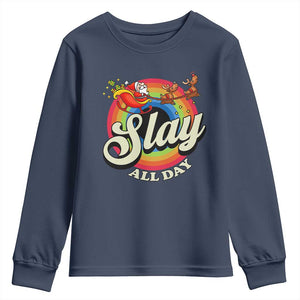 Funny Christmas LGBT Youth Sweatshirt Slay All Day Sleigh Rainbow TS09 Navy Print Your Wear