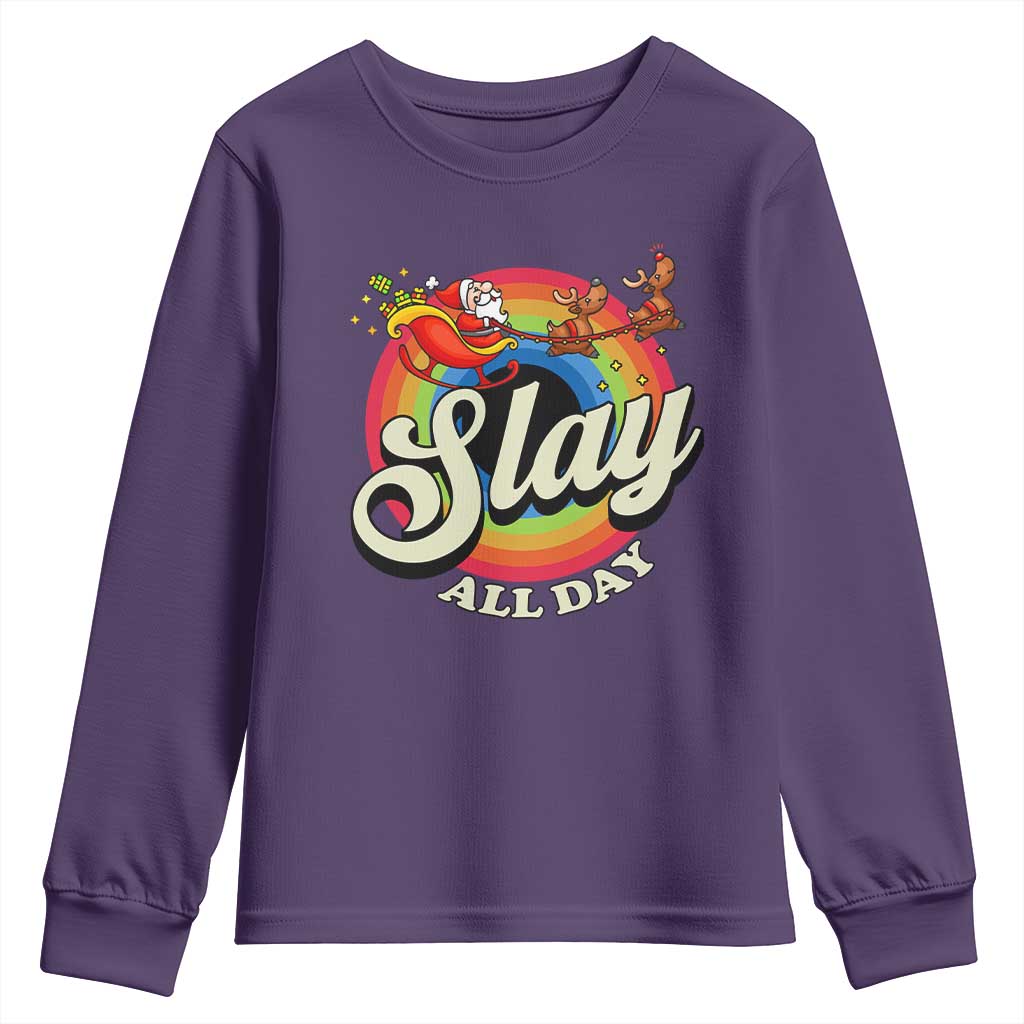 Funny Christmas LGBT Youth Sweatshirt Slay All Day Sleigh Rainbow TS09 Purple Print Your Wear