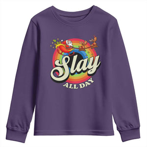 Funny Christmas LGBT Youth Sweatshirt Slay All Day Sleigh Rainbow TS09 Purple Print Your Wear