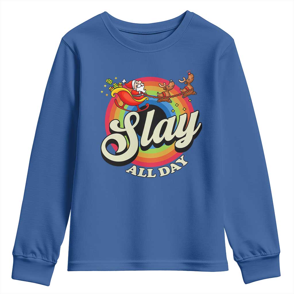 Funny Christmas LGBT Youth Sweatshirt Slay All Day Sleigh Rainbow TS09 Royal Blue Print Your Wear